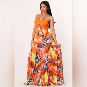 Floral Animal Printed Halter Maxi Dress- Orange